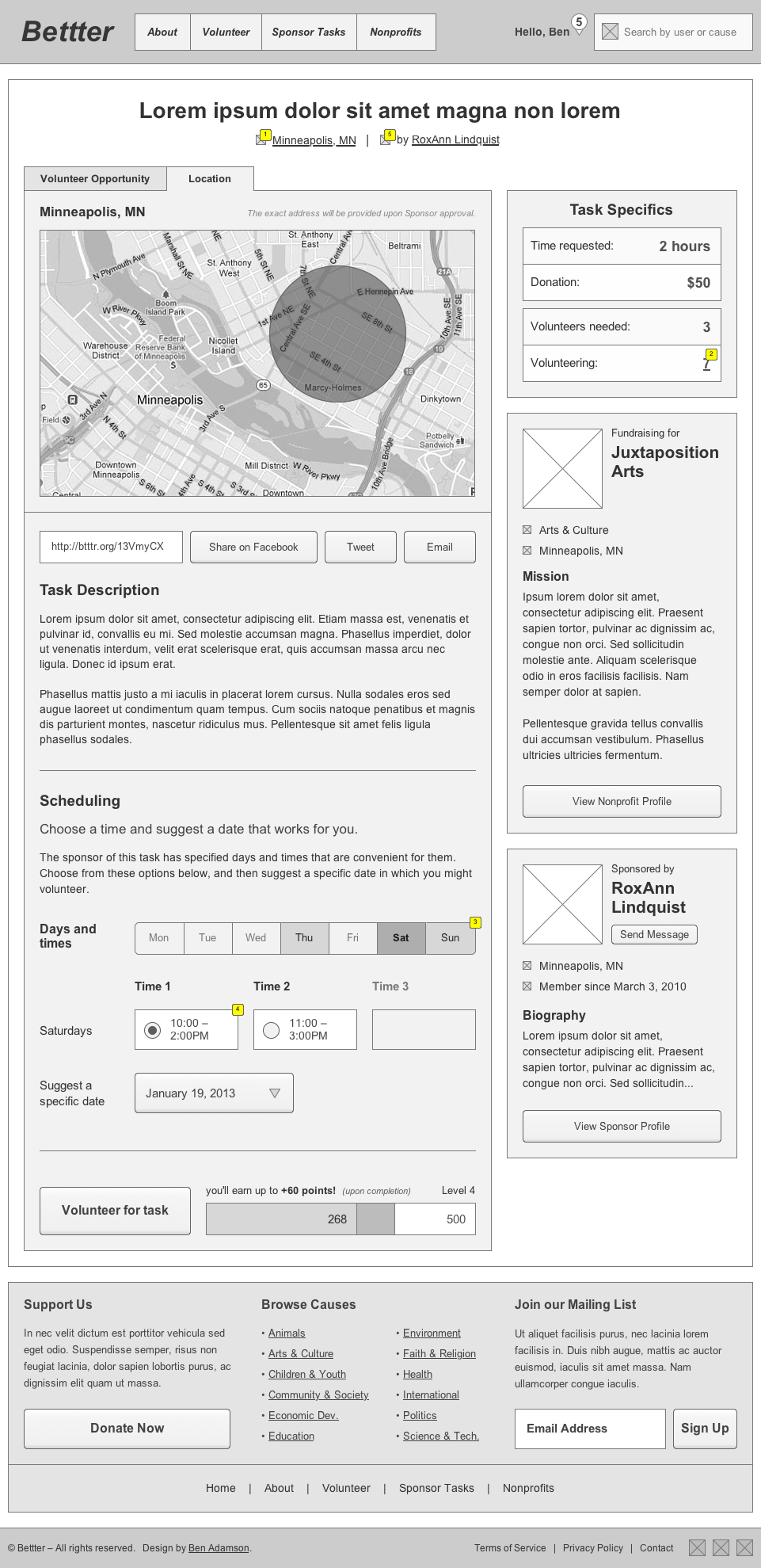 Task detail page wireframe, defining the underlying skeleton for the page