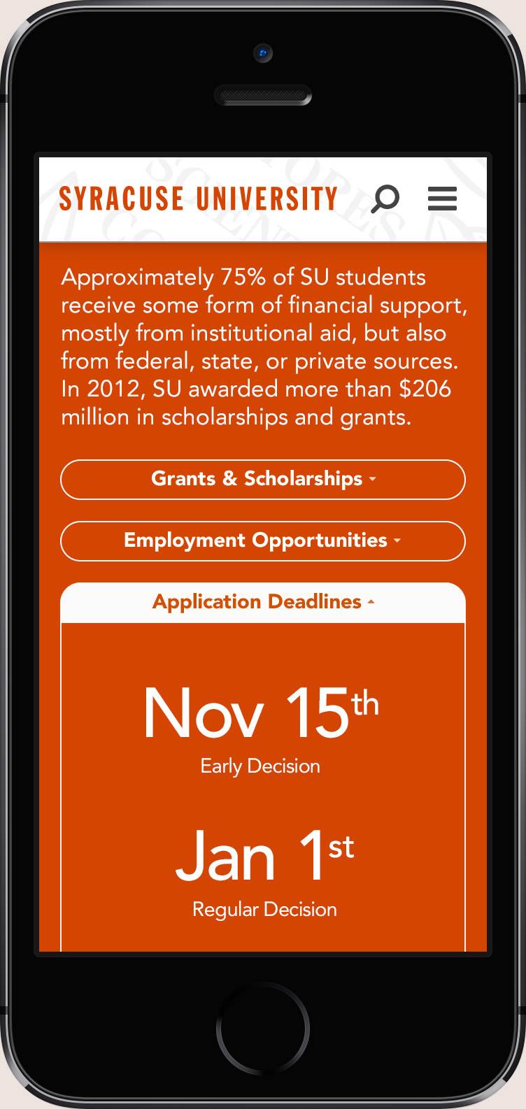 Mobile drawer showing application deadlines