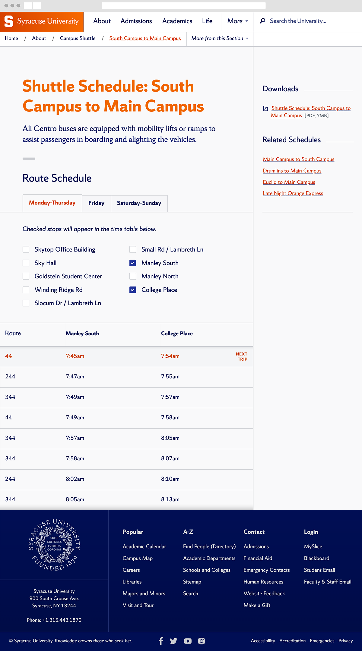 Shuttle route schedule table