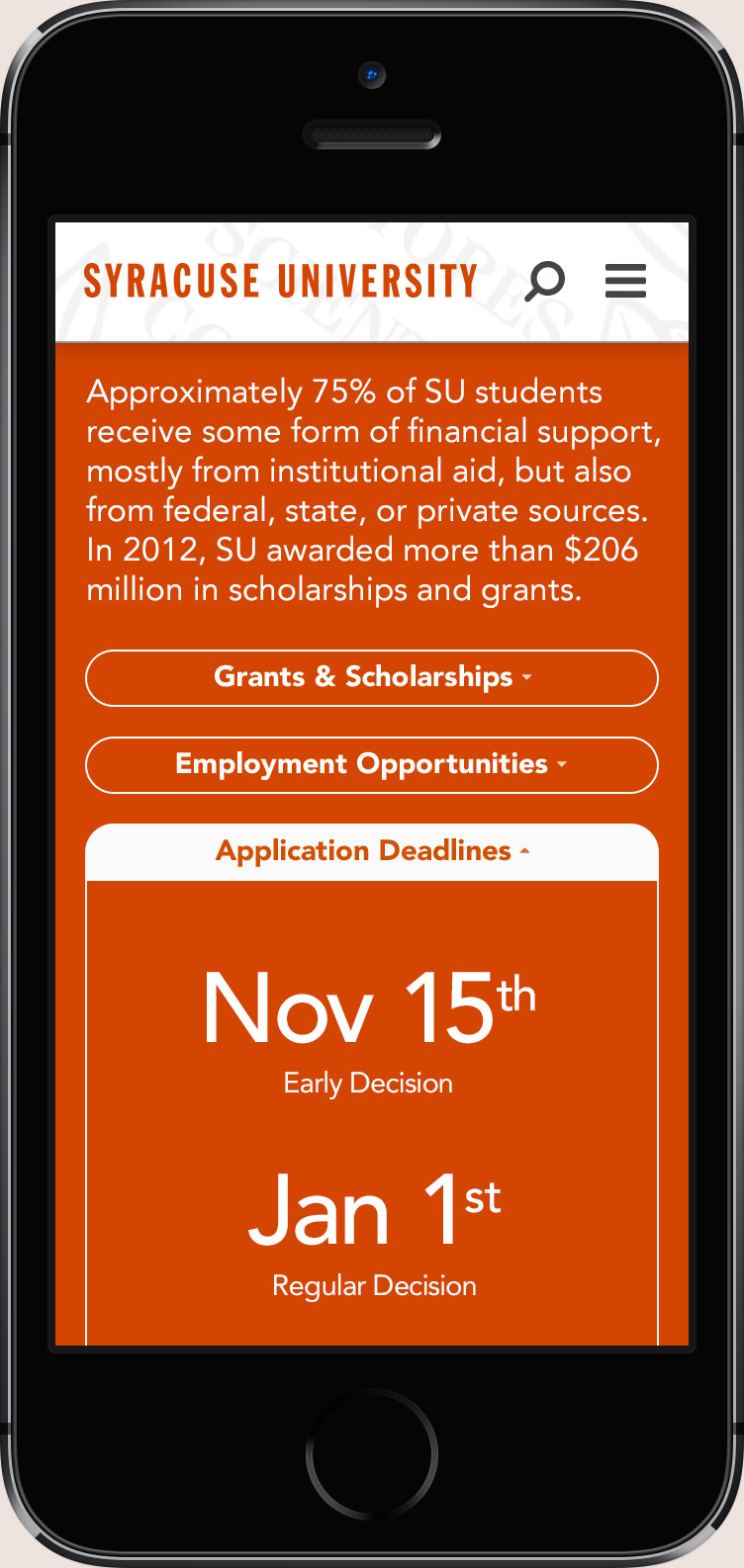 Mobile drawer showing application deadlines