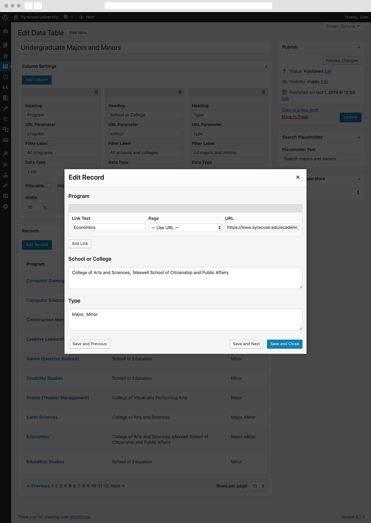 Modal window to edit an individual record in the majors in minors table