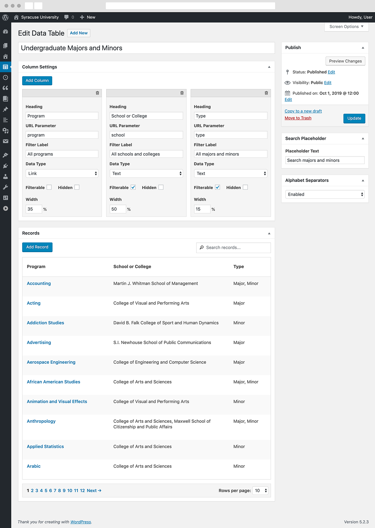 Majors and minors table admin page